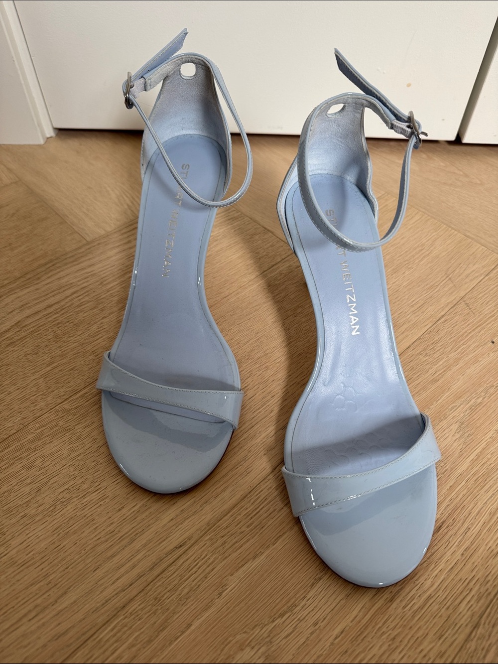 Stuart Weitzman Light Blue Ankle-Strap Patent Sandals